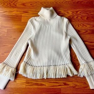 Jonathan Simkhai Womens Merino Wool Ribbed Frayed Stud Hem Sweater Cream.